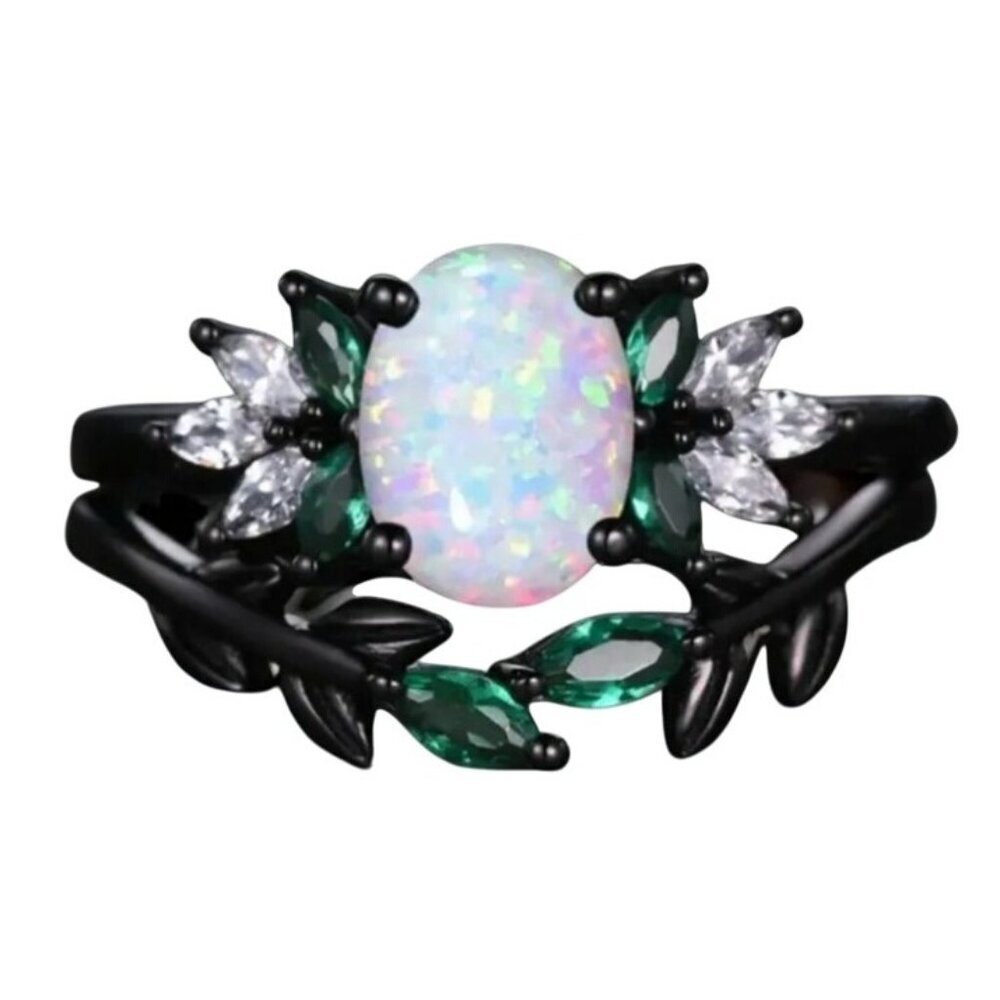 2 Pieces Oval Cut Ethiopian Fire Opal Black Gold Plated Engagement Ring Set